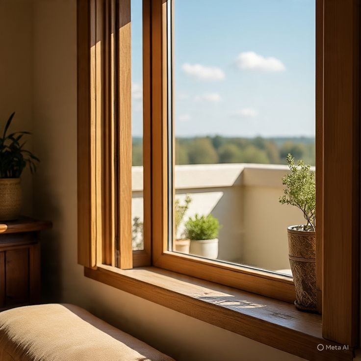 Natural wood-framed window with potted plants and outdoor view