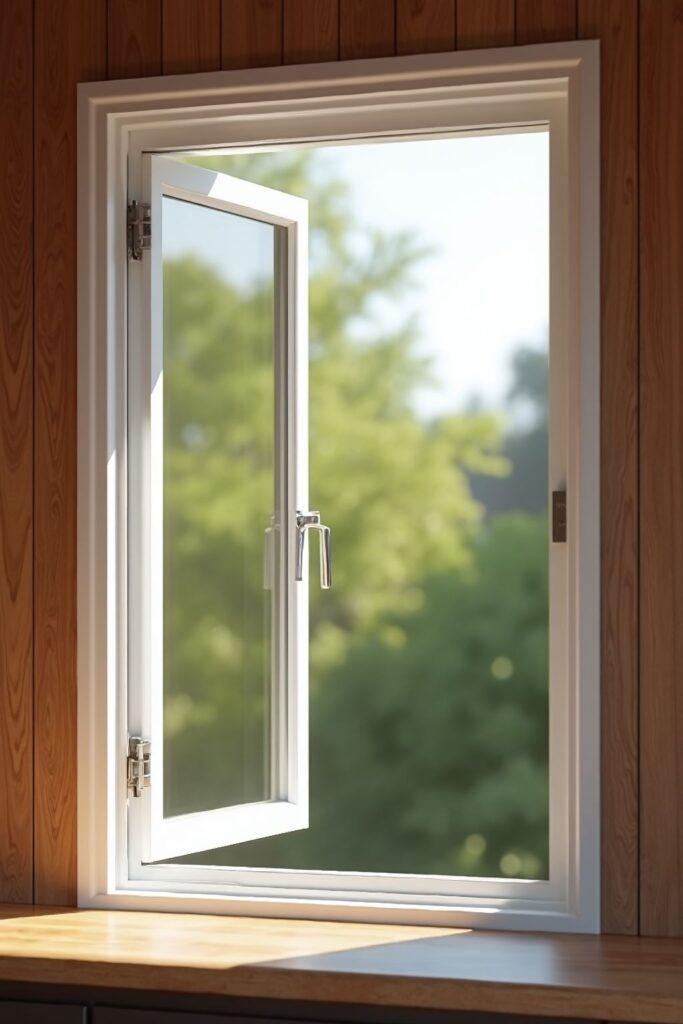 White casement window open in wooden interior with sunlight view