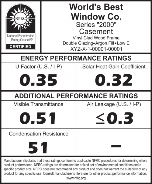 NFRC window label showing U-factor and solar heat gain